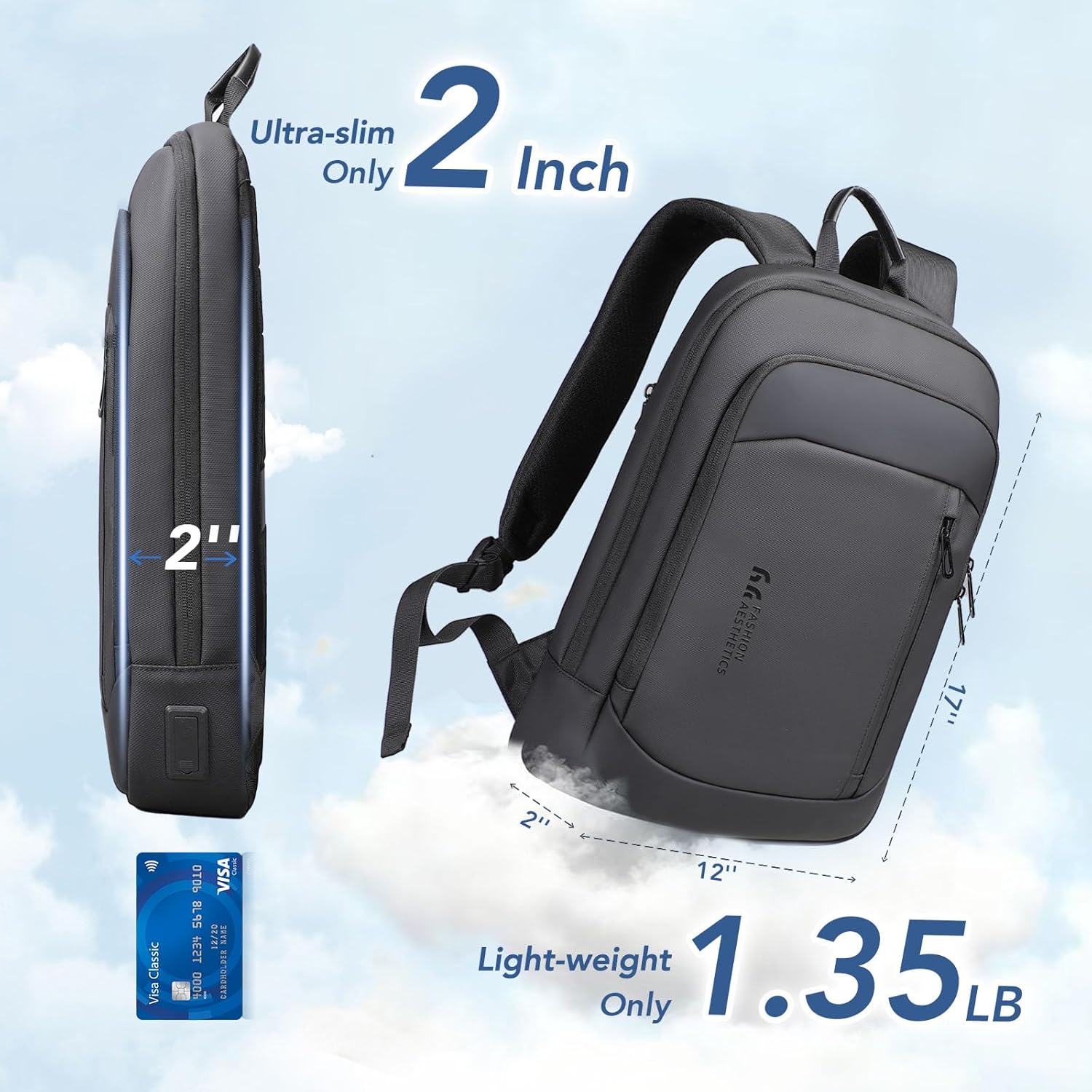 hk Ultra Slim Laptop Backpack for Men, Lightweight Business Backpack for 15.6 Inch Laptop with USB Charging Port, Anti-Theft Water Resistant Computer Bag for Work Travel Office, Black - Image 2