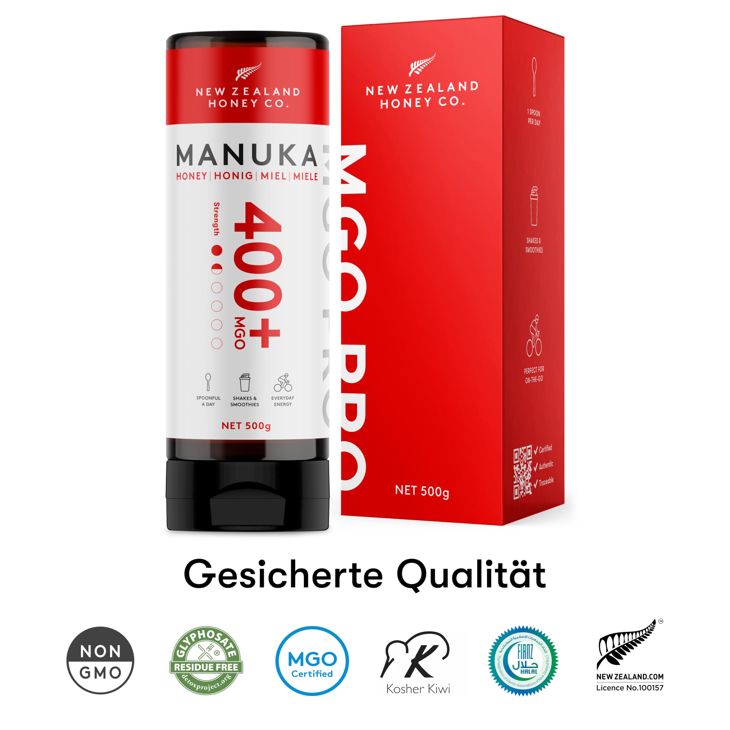 New Zealand Honey Co. Manuka Honig MGO 400+ 500g Quetschflasche Roh Zertifiziertem Methylglyoxal Gehalt
