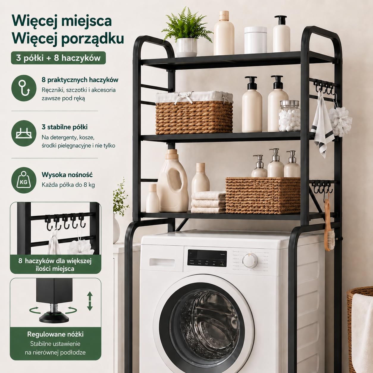 Regał nad Pralkę Metalowy 3 Poziomy, Szafka Regał nad Pralkę z 8 Haczykami, Regulowana Wysokość, Stabilny Organizer do Łazienki WC Pralni, 66x155x49 cm