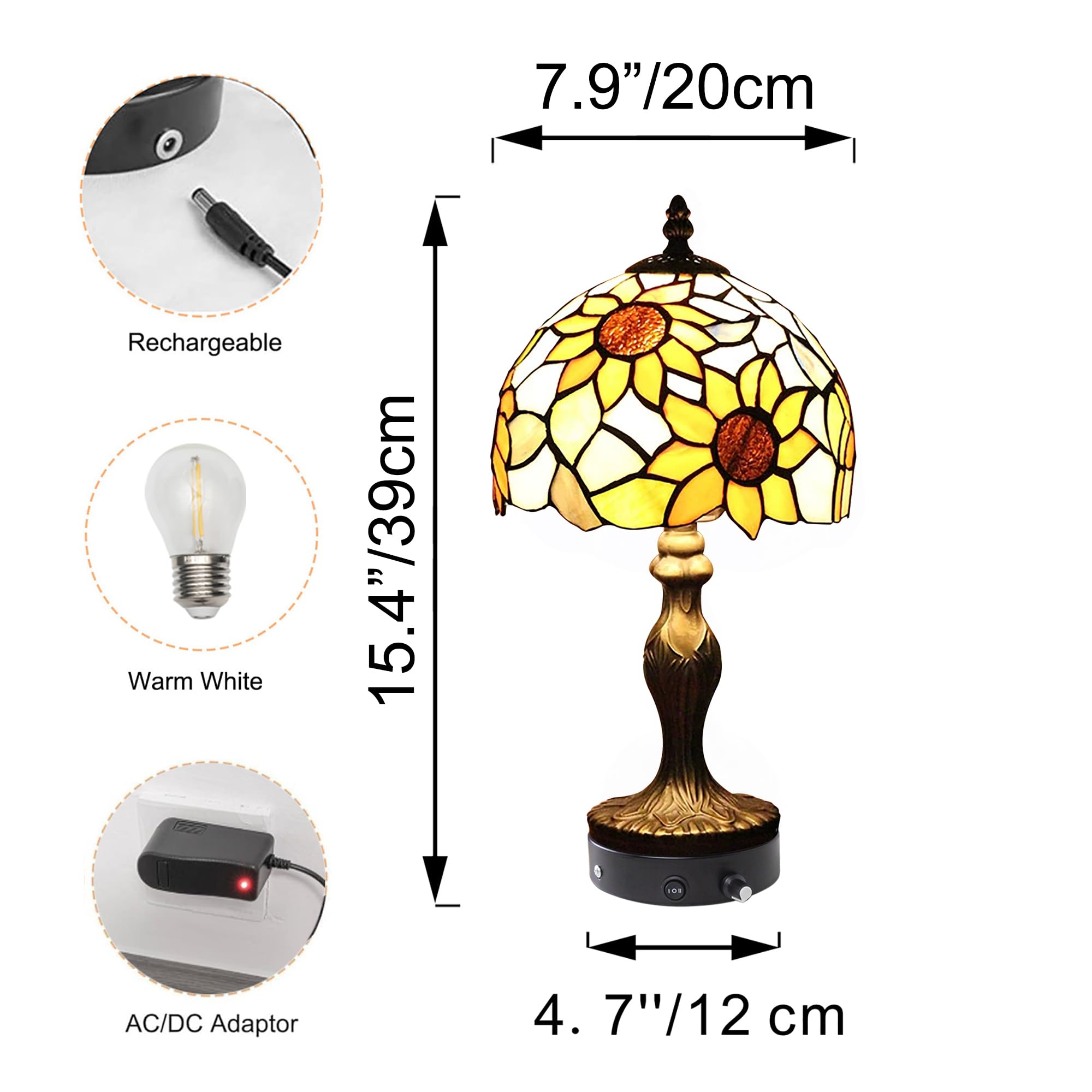 Tiffany-Stil Tischlampe Kabellos Warmweißes, Wiederaufladbar Tischleuchte, Dimmbar Nachttischlampe mit Glasschirm für Nachttisch Esszimmer Schlafzimmer -TD0867