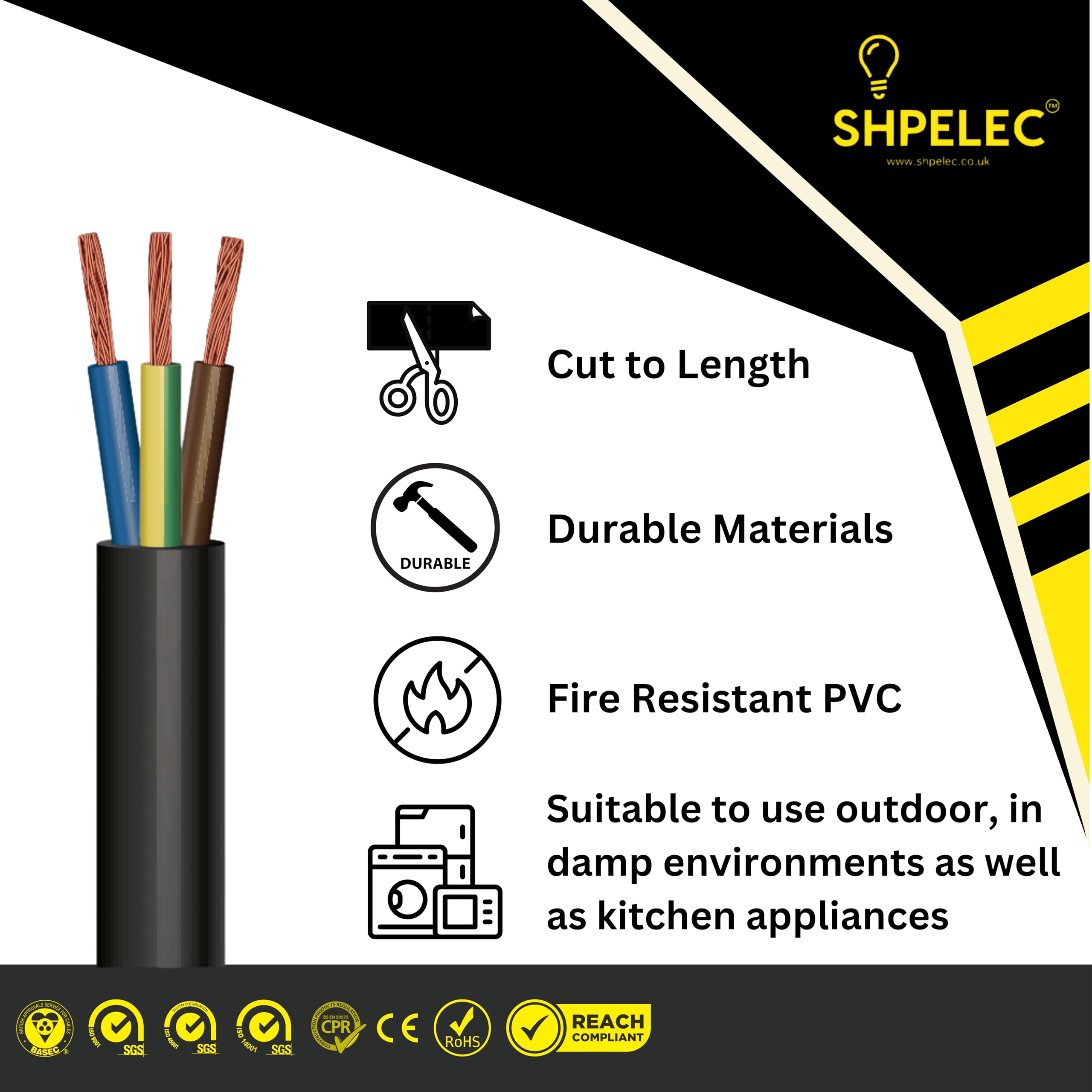 SHPELEC® H05RR-F 3 Core Flexible Rubber Cable, Premium Electrical Wire for Indoor and Outdoor Use, 1.0mm, 1.5mm, 2.5mm 5m - Image 2
