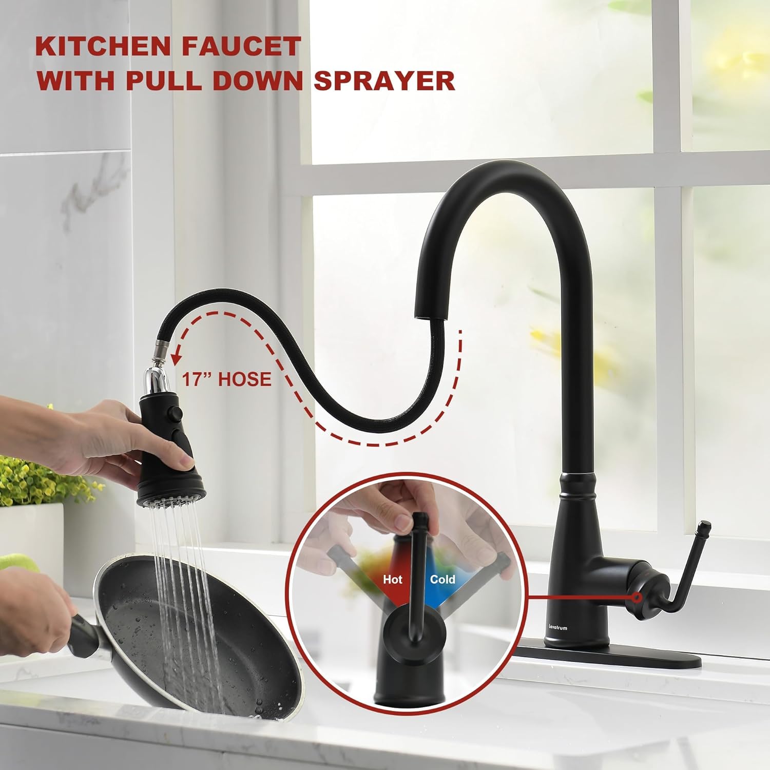 Kitchen Faucet with Pull Down Sprayer, 17 inch Matte Black Antique Single Handle Pull Out Kitchen Sink Faucet with Deck Plate for Classic Modern Ktichen