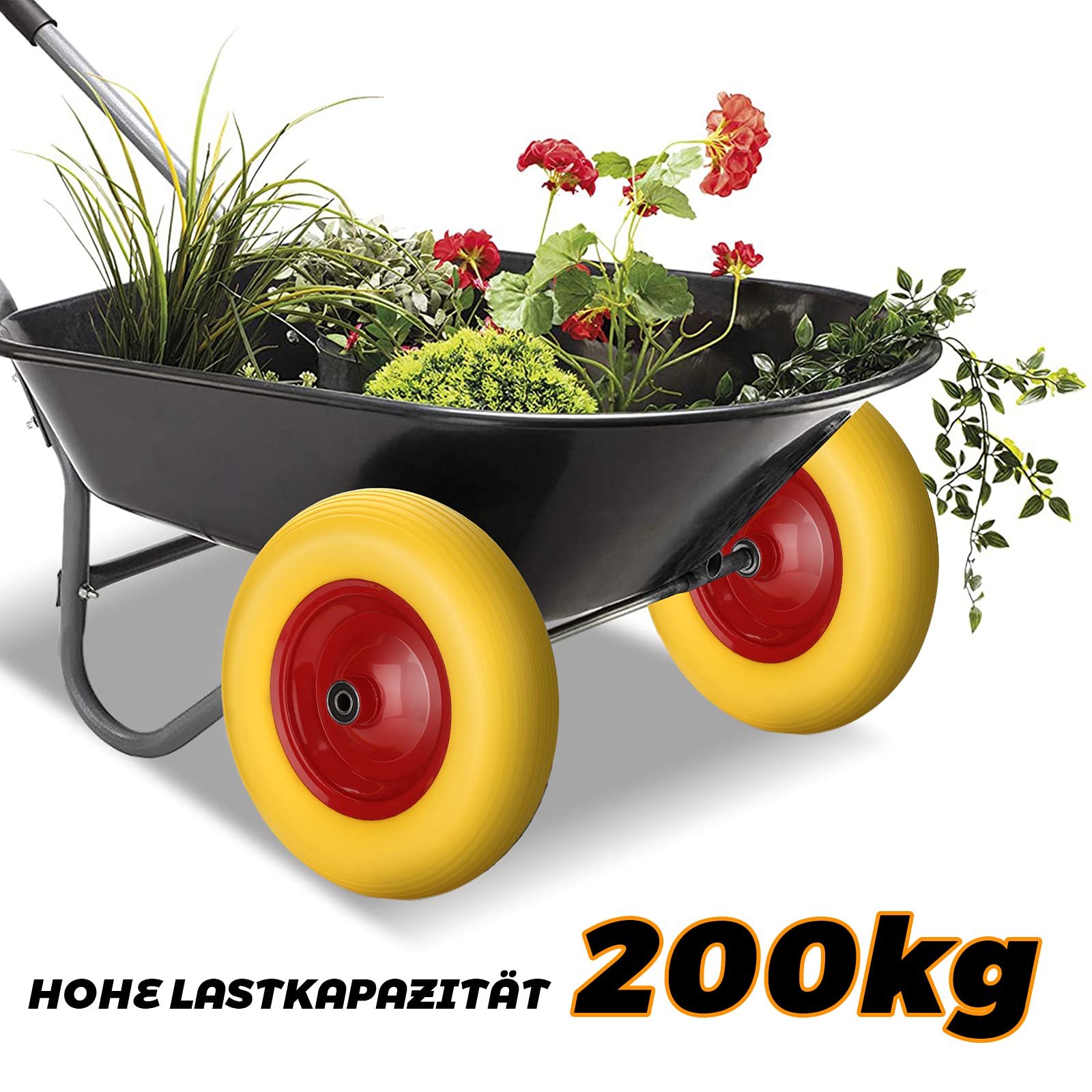 Lospitch Roue de brouette 4.80/4.00-8, 200 kg Anti-crevaison Axe Roue de Rechange pour brouette, PU Ø390mm avec axe, polyuréthane increvable,Chariots de Jardin