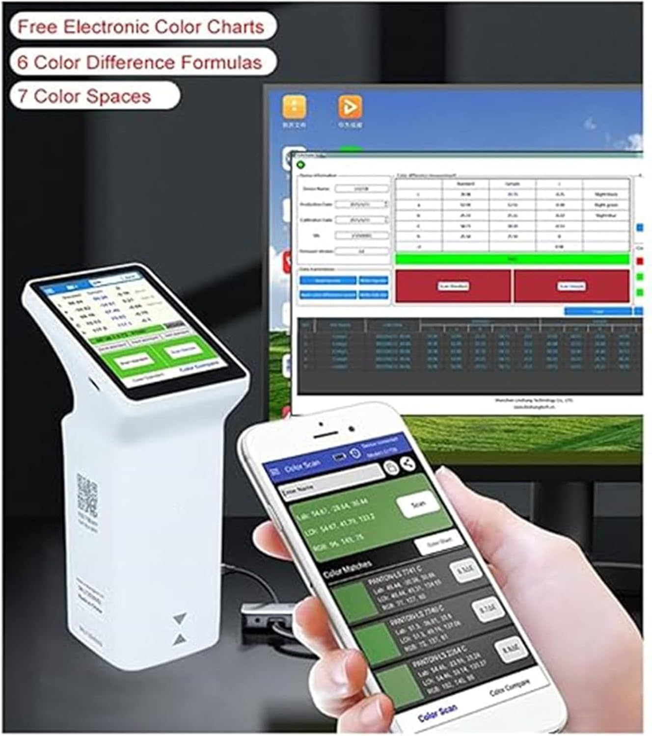 LS173 Color Meter Analyzer connected to a computer and smartphone