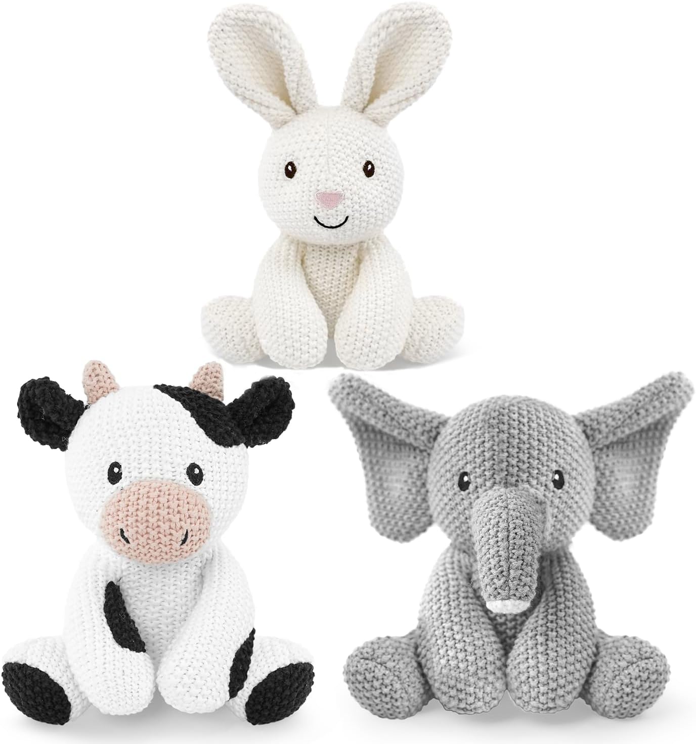 3Pcs Kids Stuffed Animals Toys 8" Knitted Crochet Bunny Plush Cute Elephant Cuddly Cow Cotton Animal Plush Toy Set Gift for Girls Boys and Babies, Christmas, Easter