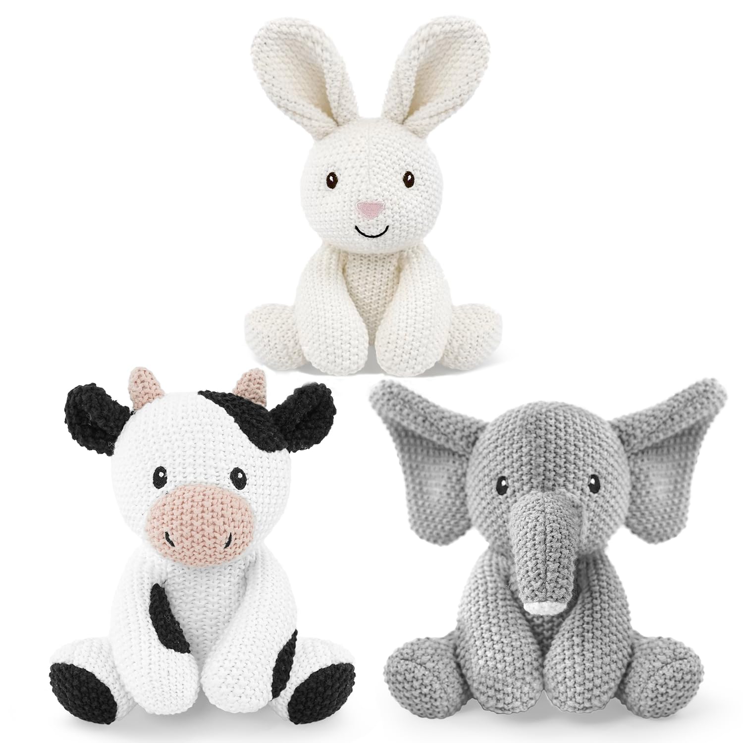 Set di 3 giocattoli di peluche per bambini, 20,3 cm, con coniglio all'uncinetto in peluche, elefante, mucca di cotone, regalo per ragazze, ragazzi e bambini, Natale