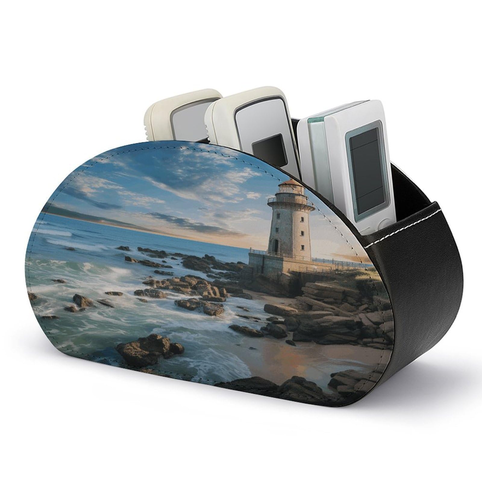 VstaDank Beach Lighthouse Remote Control Holder Farmhouse TV Media Remote Storage Box with 5 Compartments PU Leather Remote Caddy Desktop Organizer for Home Bedside Table Organizer