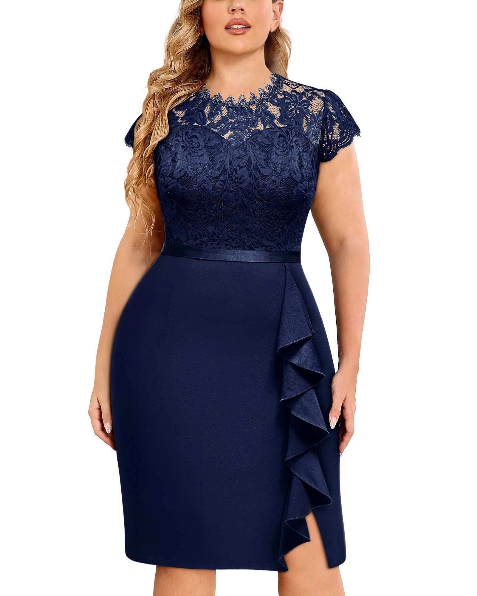 Miusol Women's Plus Size Floral Lace Contrast Ruffles Split Evening Cocktail Dress, A-navy Blue, 3X-Large Plus