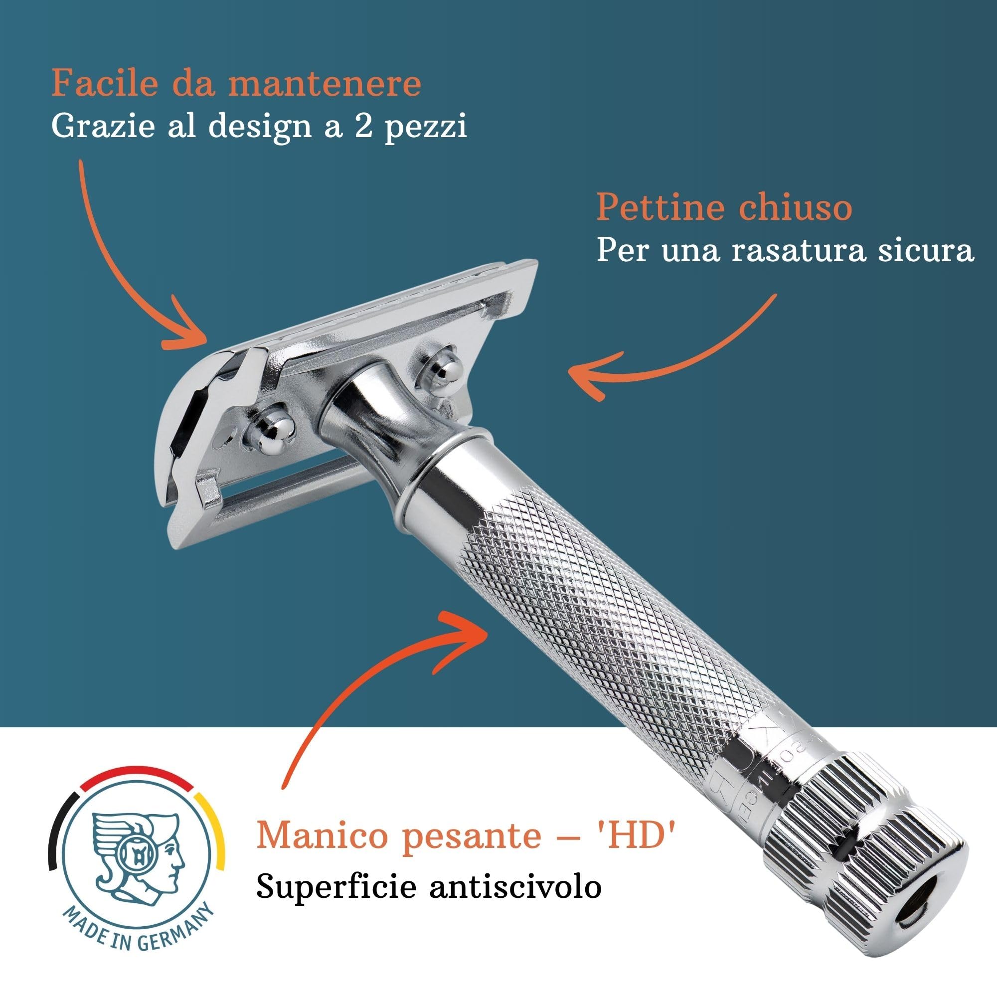 MERKUR 34C Rasoio di sicurezza – Finitura cromata lucida, manico corto e pesante, struttura in due pezzi, pettine chiuso, rasatura sostenibile – Made in Germany