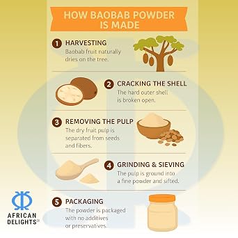 African Delights Baobab Powder, African Fruit Powder, 16 oz | tangy baobab fruit powder for smoothies, baking, drinks, and traditional West African recipes