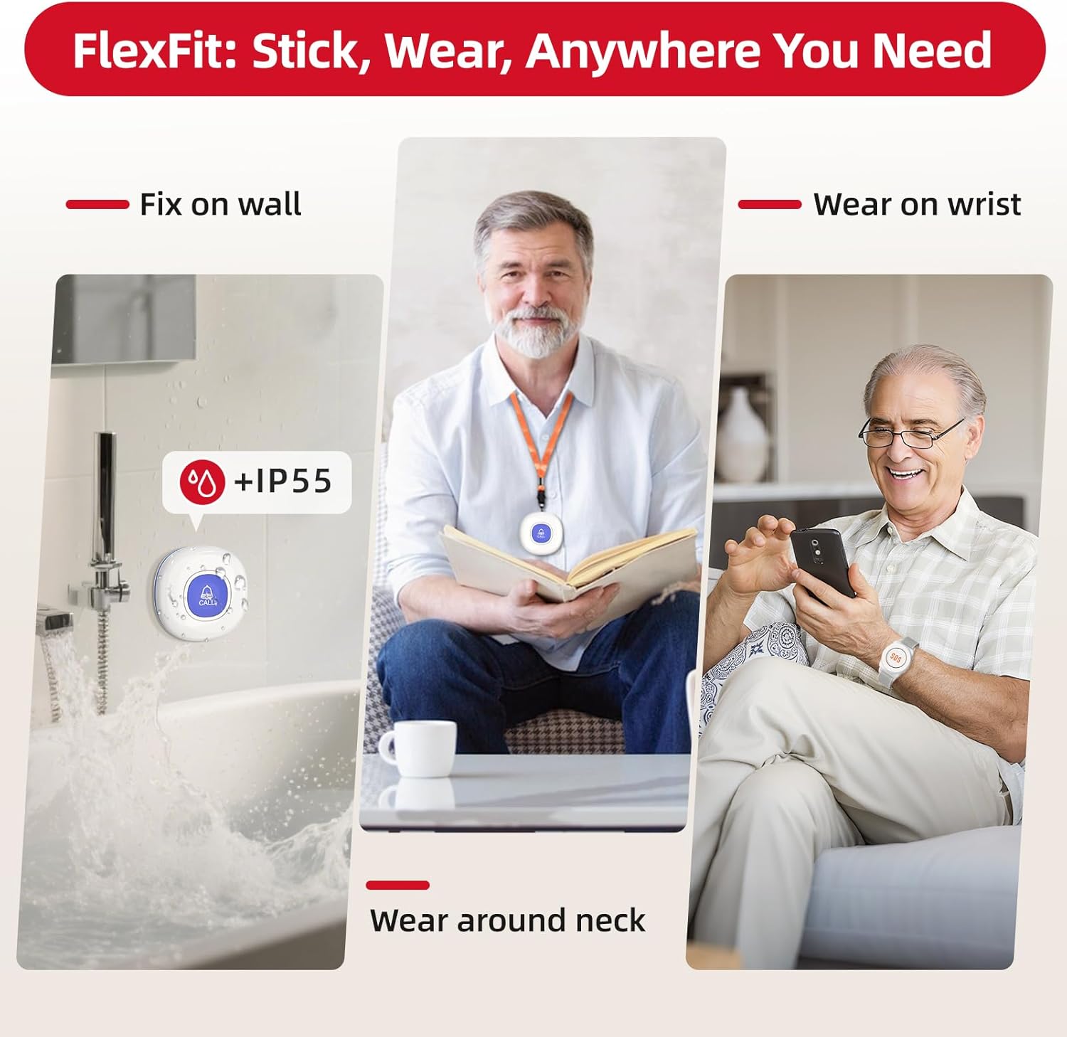 Diagram showing flexible placement options for the call button: fixed on wall, worn on wrist, or around neck.