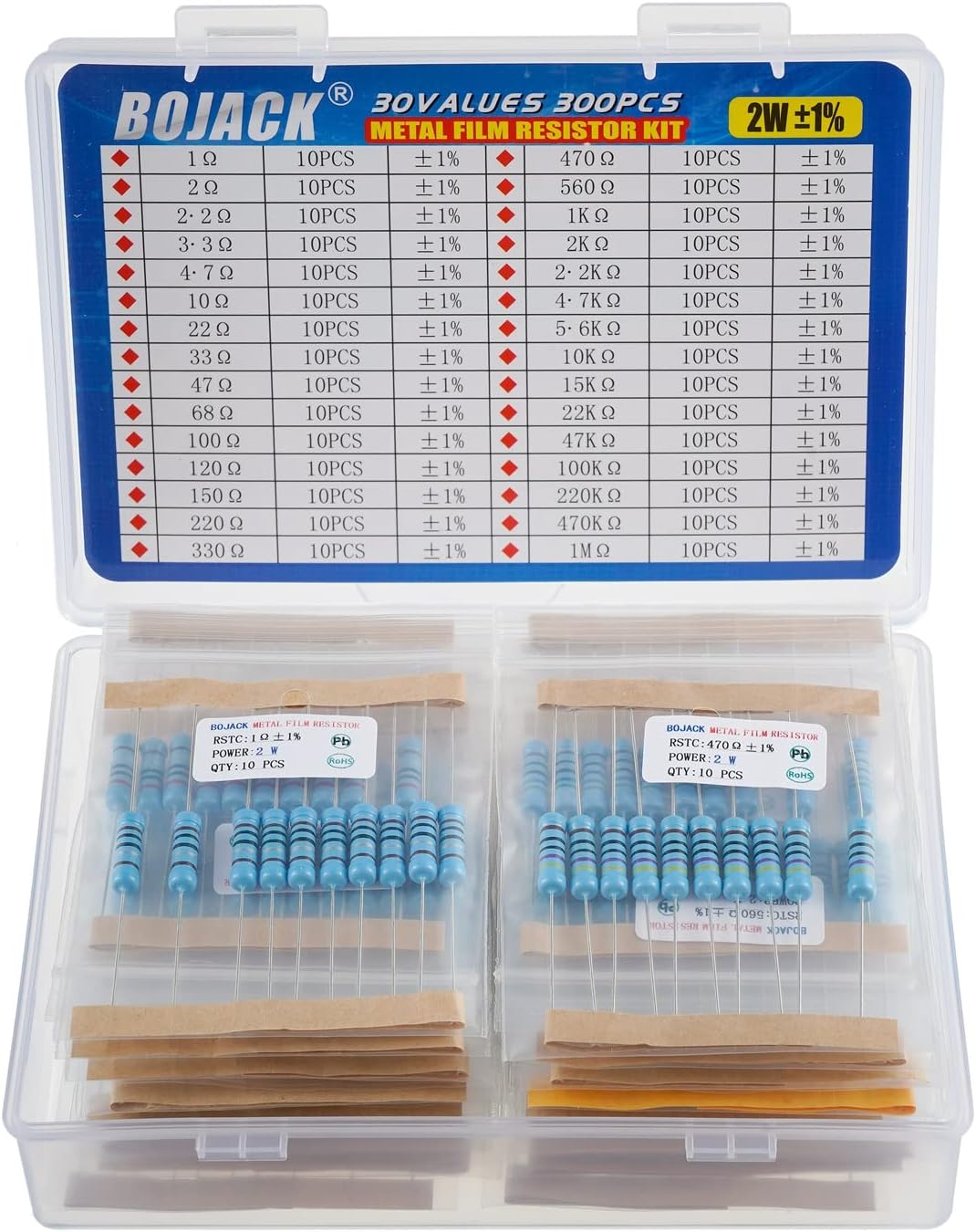BOJACK 300 Pcs 30 Values Resistor Kit 1 Ohm - 1M Ohm with 1% 2W Metal Film Resistors Assortment