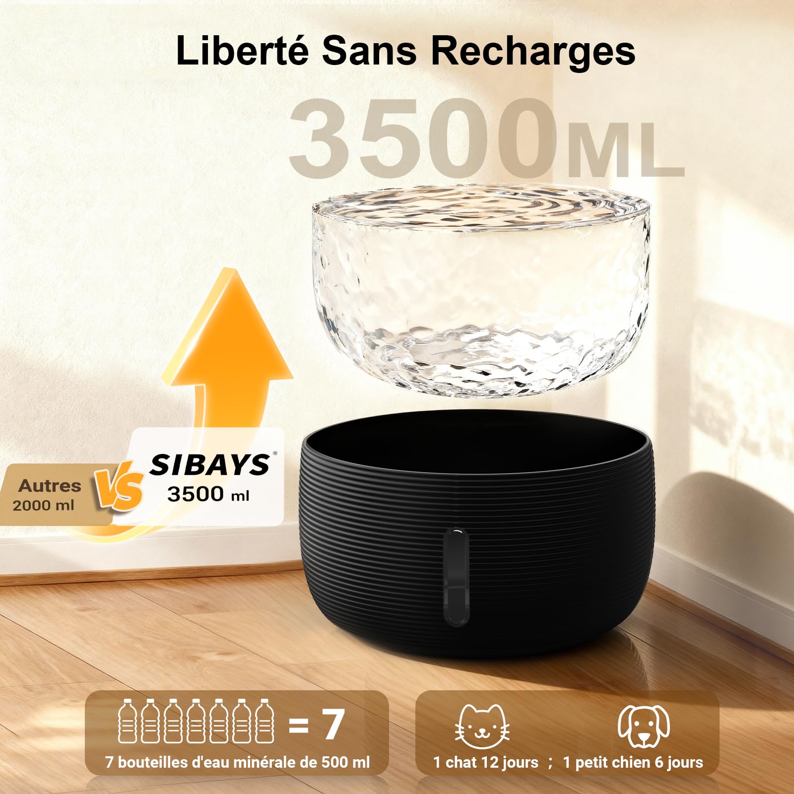 SIBAYS Fontaine a Eau Chat - 3,5L Fontaine à Eau pour Chat avec Pompe 25dB Ultra Silencieuse & Fenêtre LED - Fontaine a Eau Chien avec 2 Filtres à Charbon Actif, Sans BPA, Filtration Profonde, FS77,BK