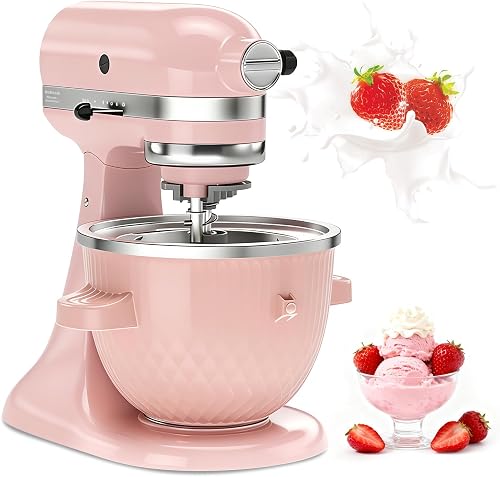 Ice Cream Maker Attachment for KitchenAid Stand Mixer, 2QT Ice Cream Freezer Bowl for Homemade Ice Cream, Gelato, Sorbet & Frozen Yogurt, Fits 4.5QT/5QT/6QT Stand Mixers, Light Pink