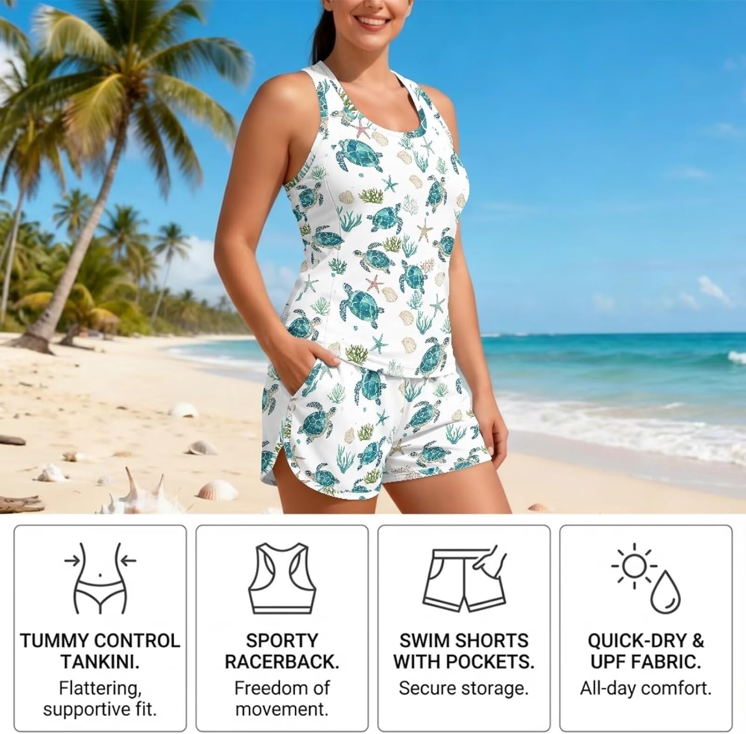 Plus Size Tankini for Women Tummy Control Swimsuits with Pockets Modest Bathing Suits for Pool Party Water Sports