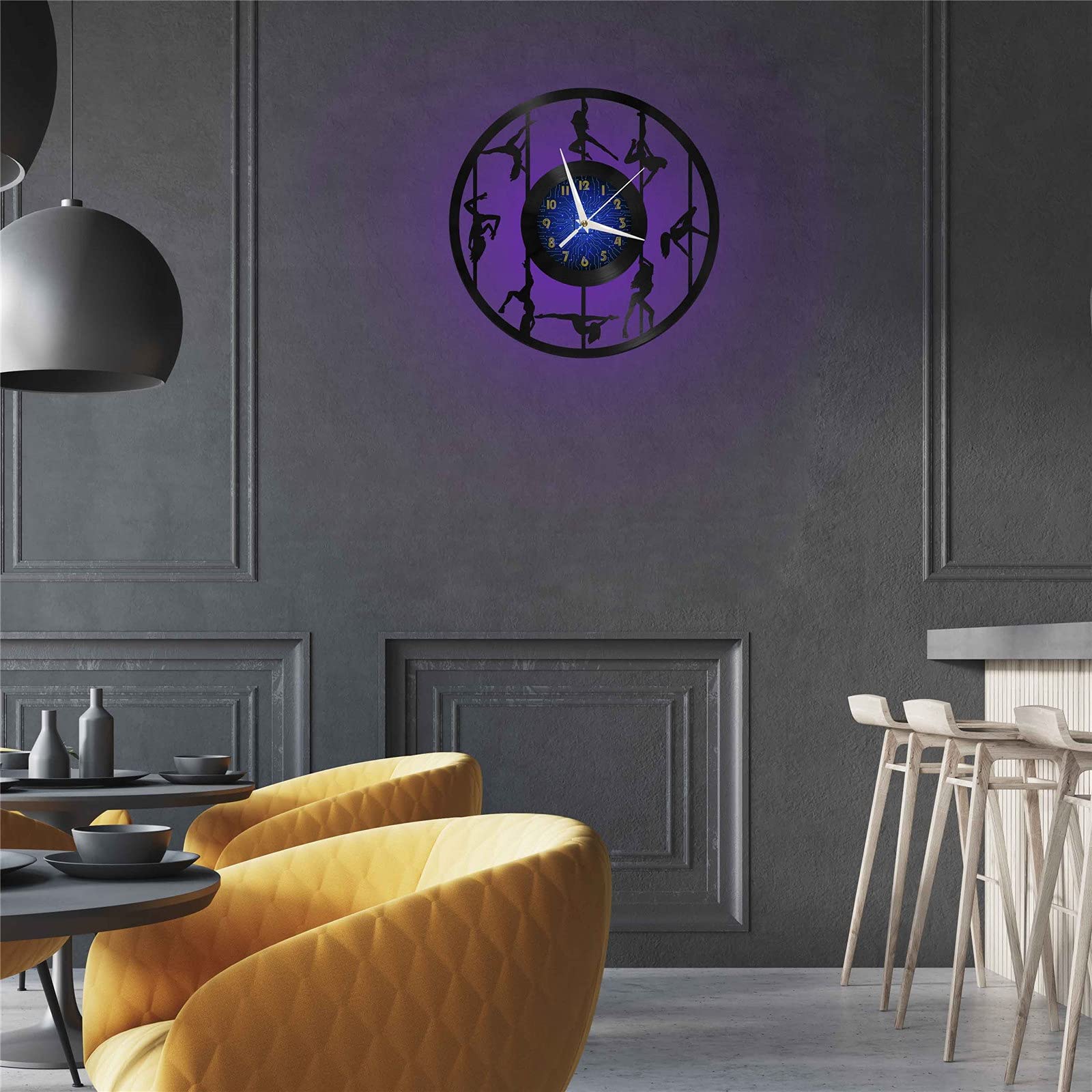 VCS Pole Dance Disque Vinyle Horloge Murale pour Cuisine Décoration Murale Art Mural Cadeau pour Amoureux Idée Cadeau pour Un Meilleur Ami(B, avec LED)