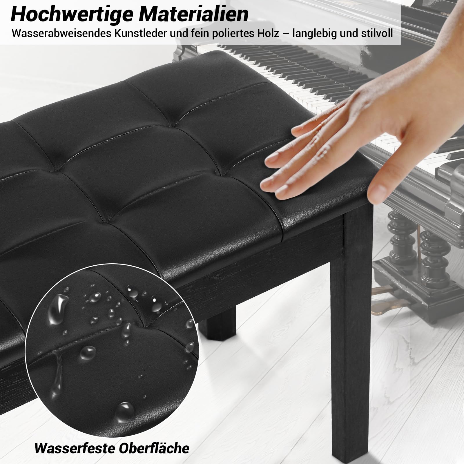 SUNDOY 75 cm Klavierbank aus Massivholz – Schwarzer Klavierhocker mit Weichem Sitzkissen – Modernes, minimalistisches Design, Korrosionsbeständig & Stabil – Für E-Piano & Keyboard, Schwarzer