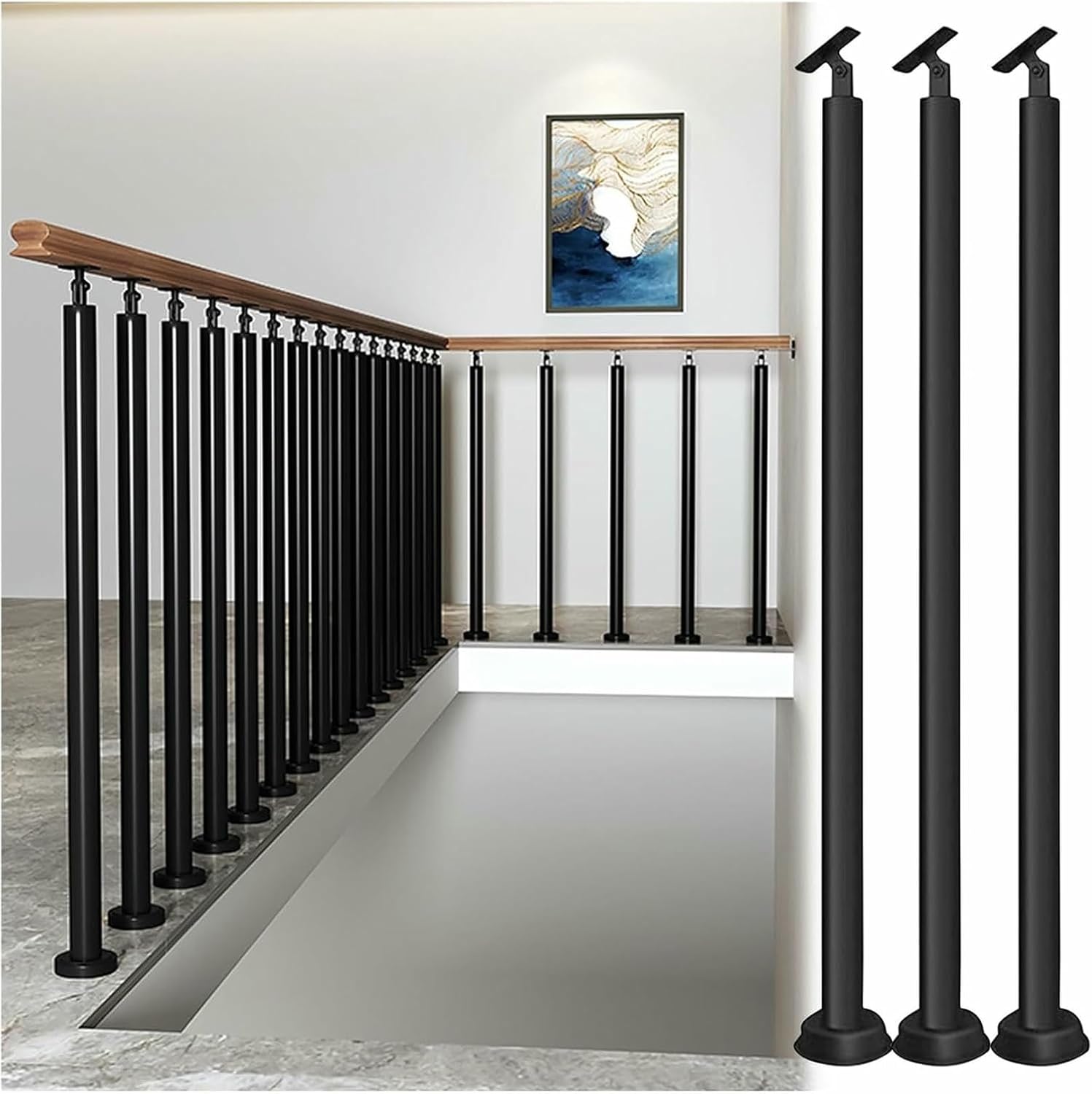 DIY Indoor Stair Rail Section Kit with Black Metal Balusters, Interior Staircase Railing Spindles with Adjustable Bracket, for Porch Hallway Lofts