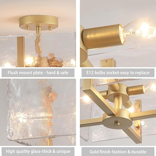 Miniatura 4 de Lámpara de techo de montaje empotrado dorada, 4 luces de latón vintage semiempotrado para pasillo, vestíbulo, moderna lámpara cuadrada de vidrio