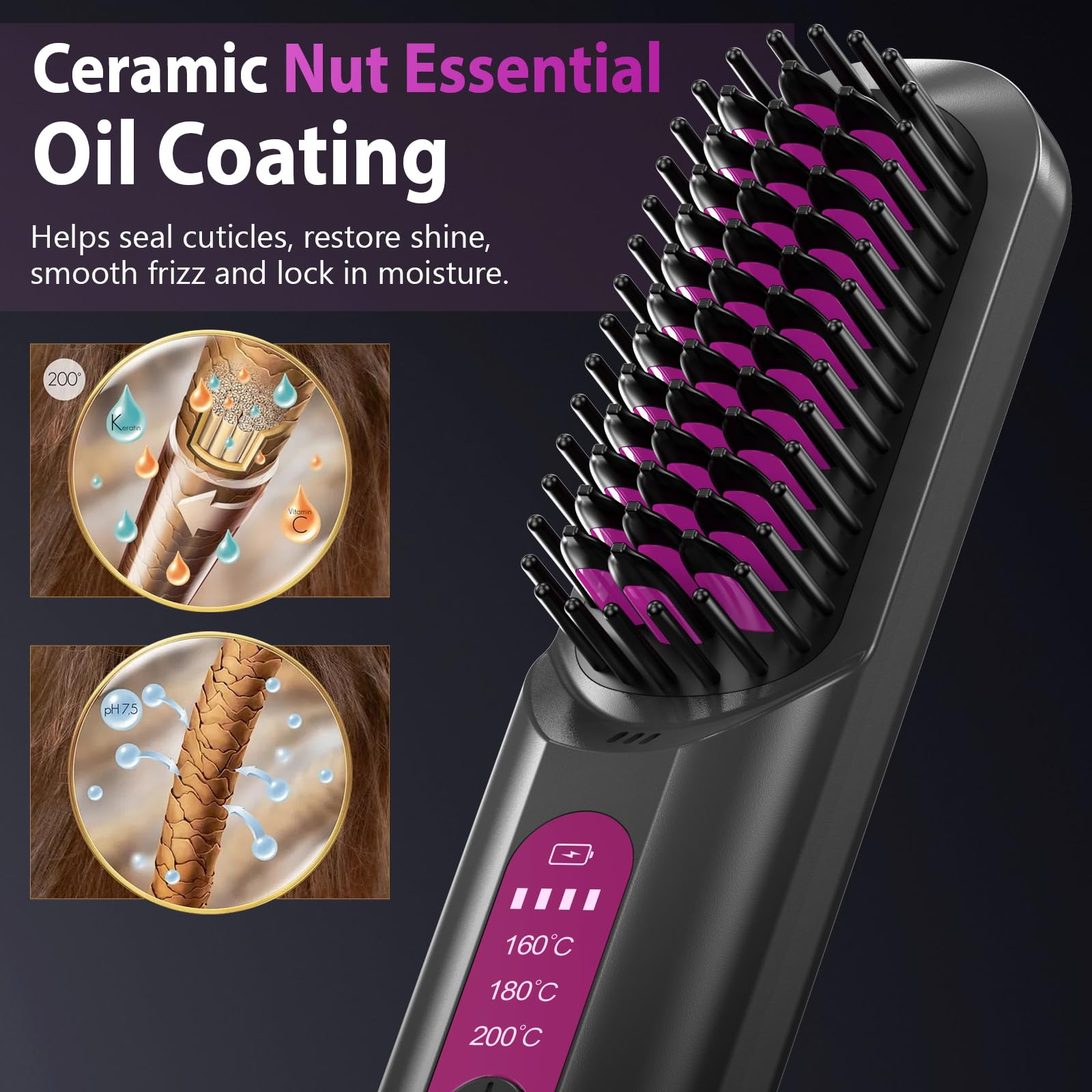 Spazzola Lisciante per Capelli Senza Fili, Spazzola Elettrica Lisciante | Unipampa Mini Piastra Capelli Portatile 5000mAh, Riscaldamento Rapido e Ricarica 160–200 ℃, 3 Livelli di Temperatura