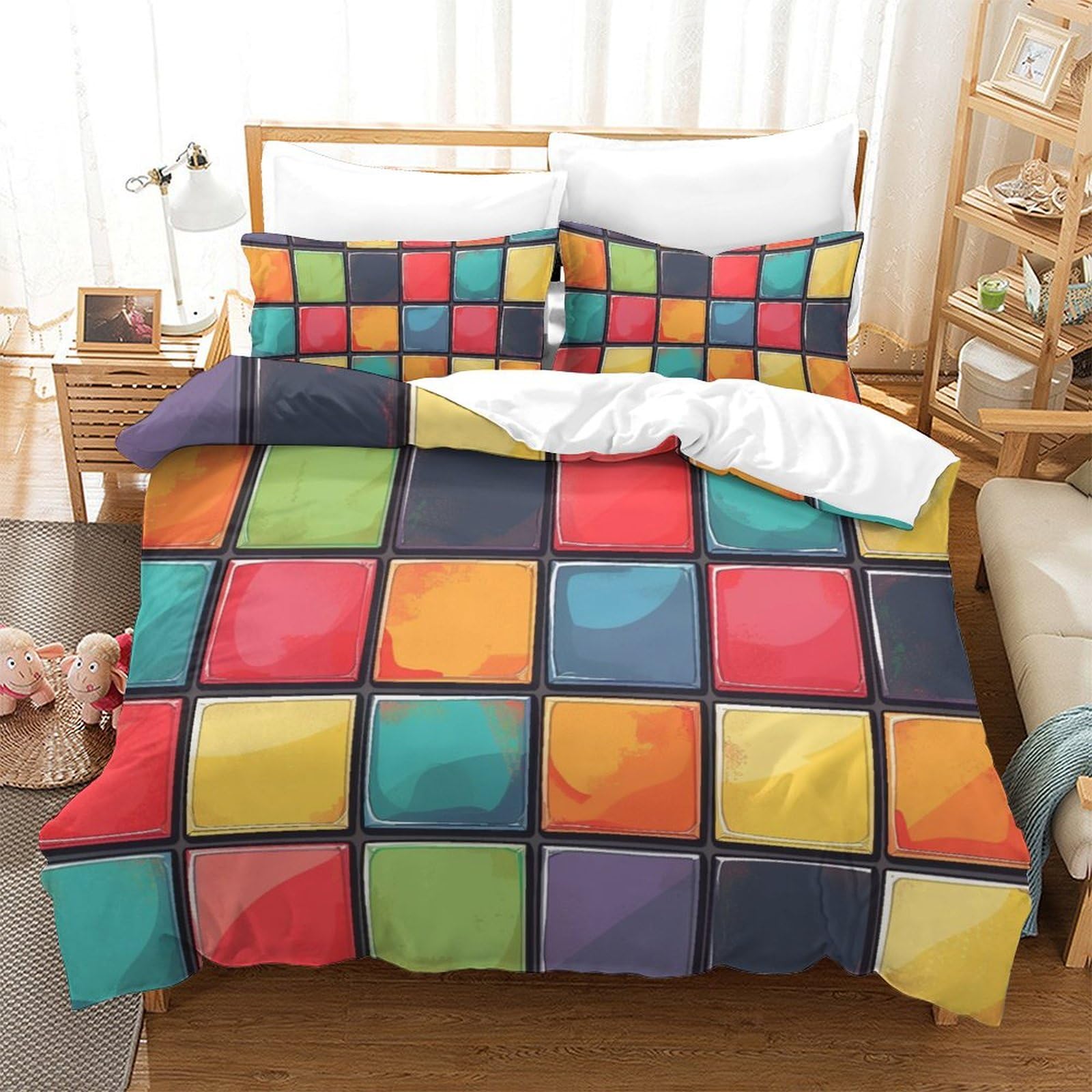 Parure de lit 3D blocs colorés double avec taies d'oreiller