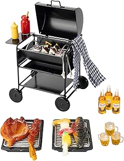 Mini House Miniature Square Barbecue Grill Oven Figurine Garden Cooking Tool Kitchen Accessories Decoration Fake Barbecue Food Realistic Drink Beer Models for 1/12,1/6 Miniature House DIY Decoration