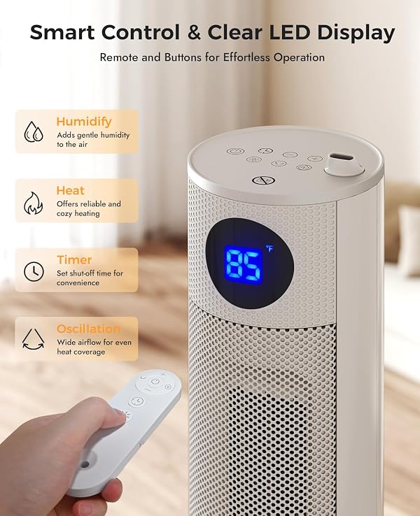 Oylus Space Heater with Humidifier - Portable Tower Heaters for Indoor Use, Remote, Adjustable Thermostat, 3 Heat Modes, Multiple Safety Protection, 12H Timer, Quiet Electric Heater for Bedroom by OYLUS - Image 3