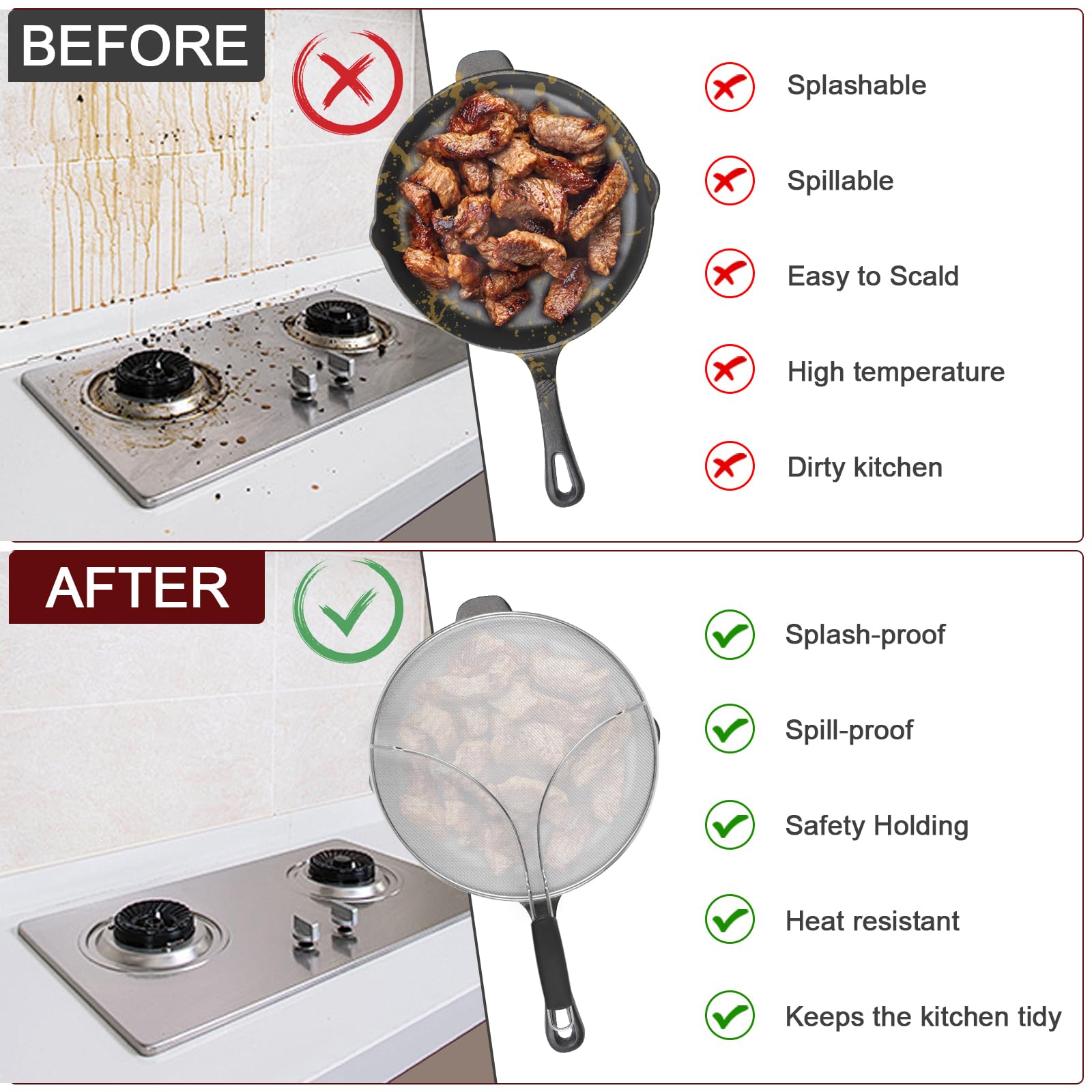Splatter Screen for Frying Pan Set 3 PCS Frying Pan Splatter Guard, Stainless Steel Splatter Guard with Resting Feet - Image 3