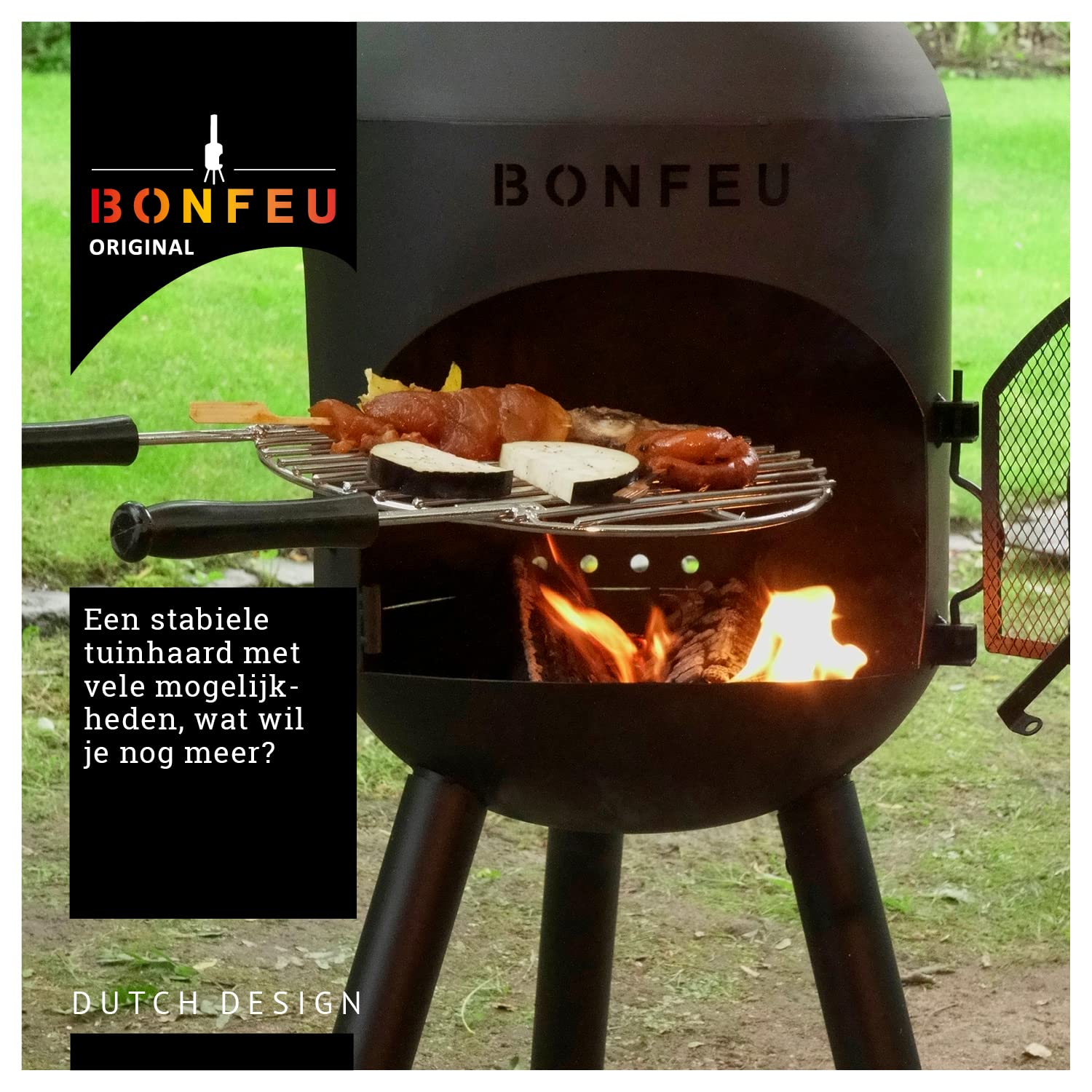 BonFeu BonSolo Piec tarasowy czarny – wysokiej jakości kominek ogrodowy z funkcją grillowania, Ø 34 cm, wys. 124 cm – wytrzymały kominek ze stali wraz z rusztem do grillowania i pogrzebaczem do ogrodu