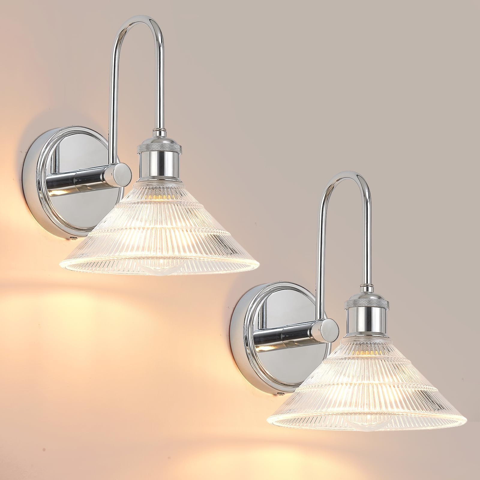 Wall Sconce Set of 2, Chrome Vintage Light Fixtures with Round Clear Glass Lampshade, Hardwired Sconces Wall Lighting for Bedroom, Bathroom, Living Room | Includes 2 LED Bulbs
