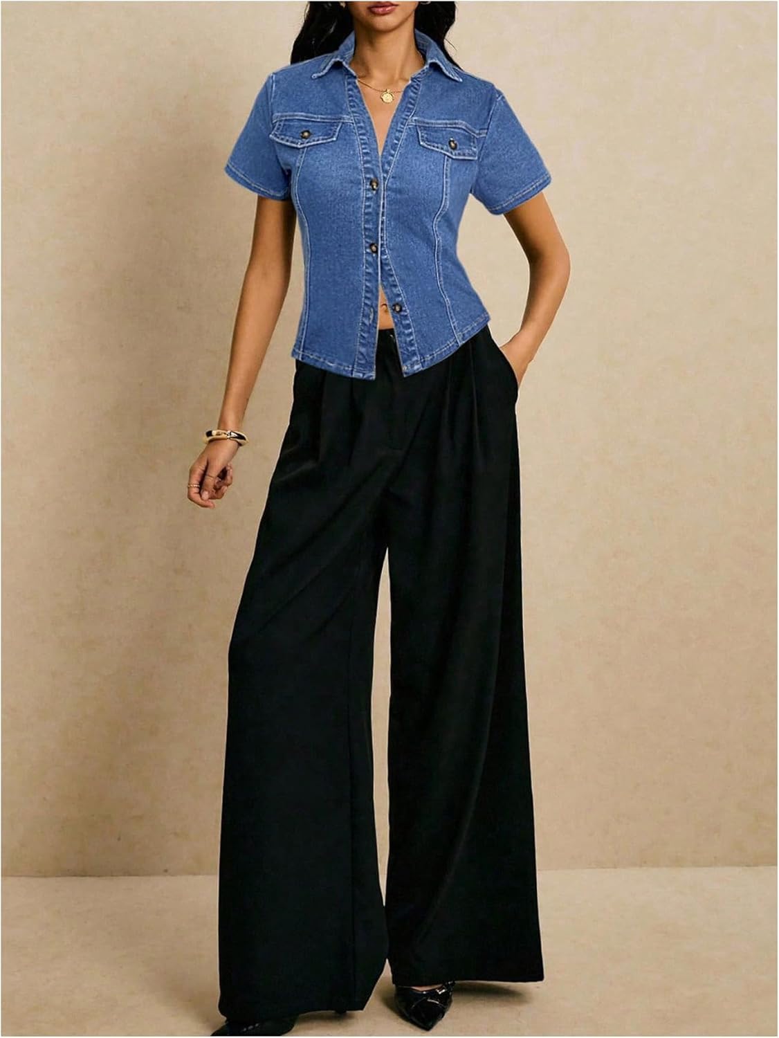 OYOANGLE Women's Short Sleeve Button Down Denim Jackets Collared Fitted Y2K Jean Shirt Tops - Image 3