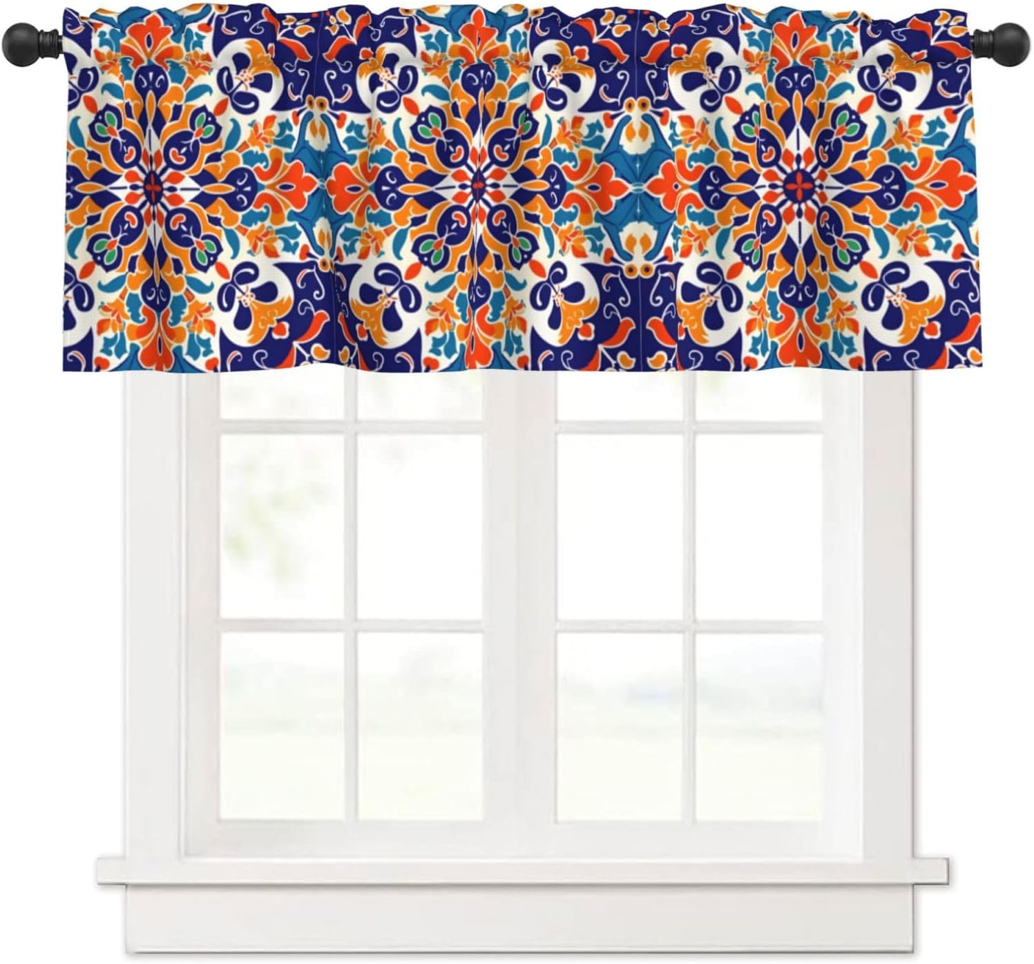 Valance for Windows Retro Floral Kitchen Curtains Valances Rod Pocket Mexican Talavera Geometric Art Window Treatment Short Topper Curtains 1 Panel, 54x18inch