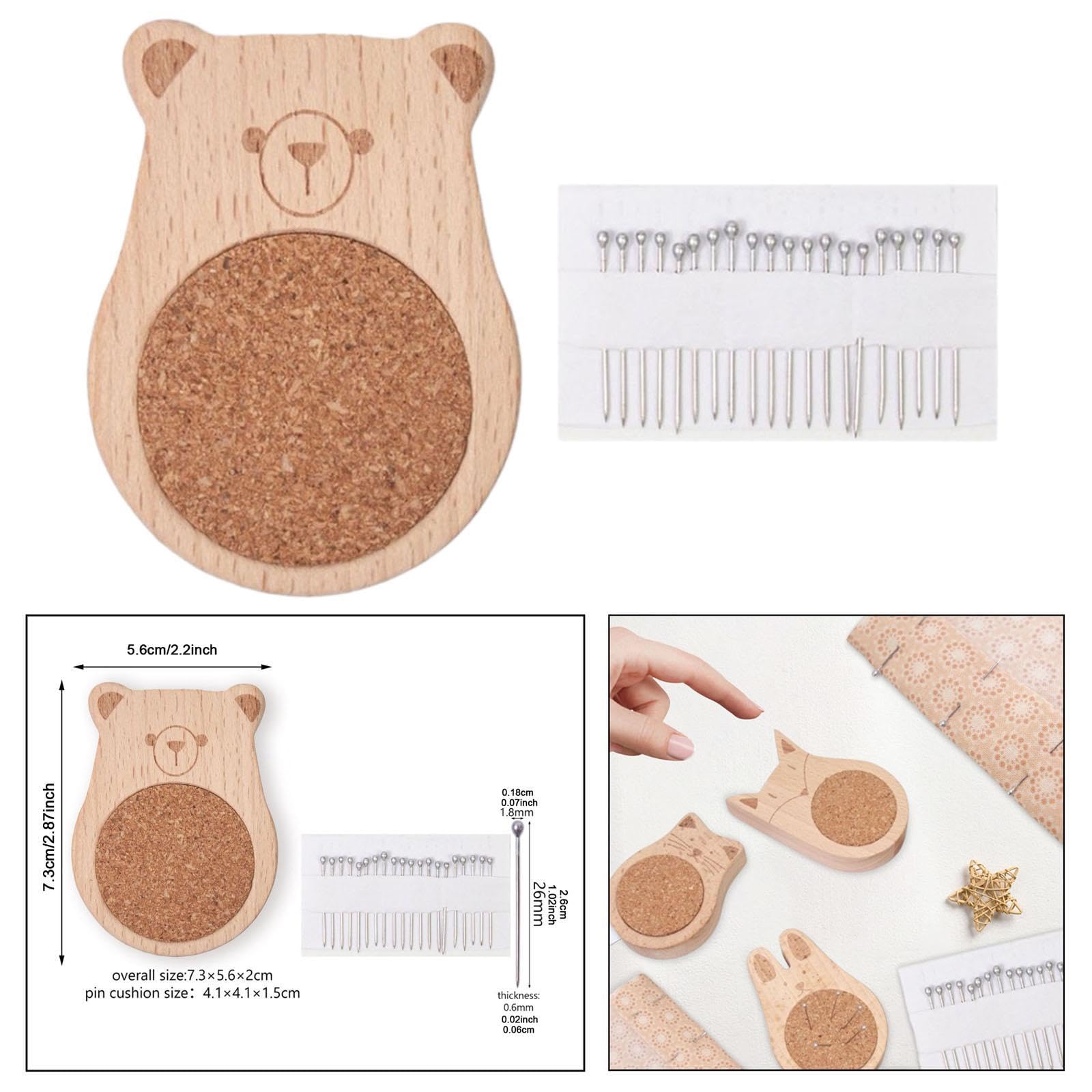 Fancyes Pin Cushion Needle Pillow Wood Lightweight Sewing Supplies Pin Holder Sewing Needle Cushion Holder for Needlework Stitching, Bear