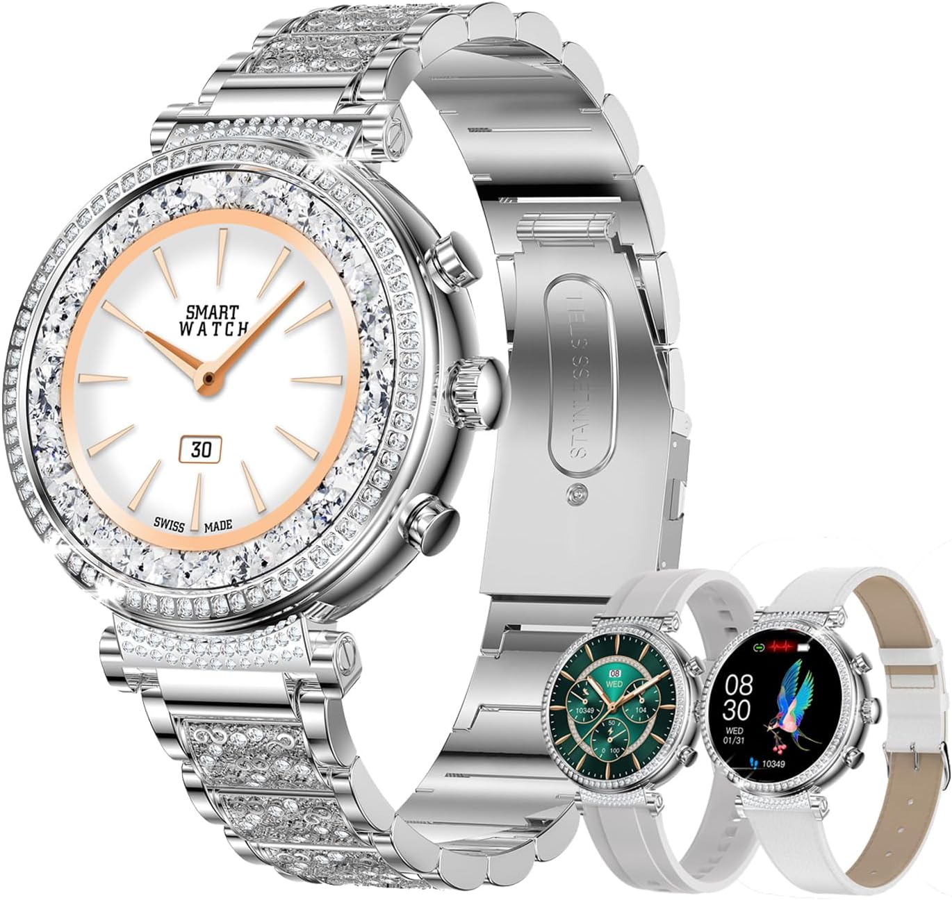 Ladies’ Smart watch with Diamonds,IP68 Waterproof Activity Fitness Tracker with Bluetooth Call for Women,1.27″ Smartwatch with SOS Call for Help/Heart Rate/SpO2/Sleep Monitoring,3 Straps (Silver)