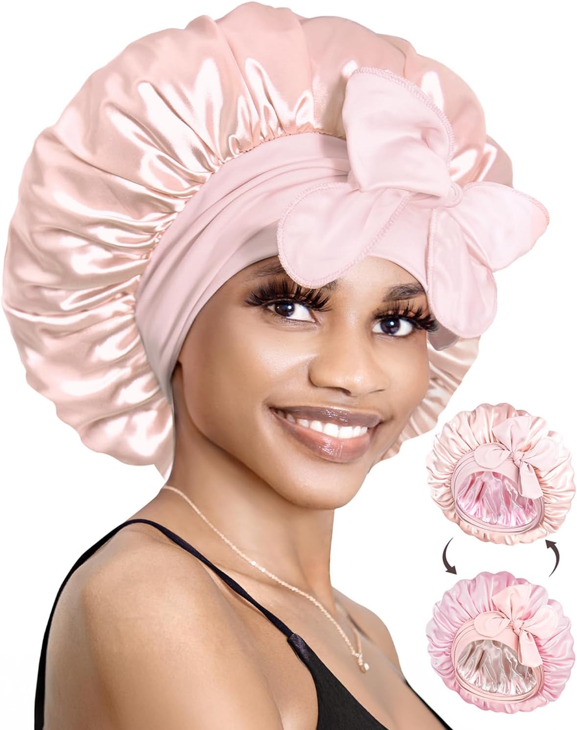 Silk Bonnet for Sleeping Satin Bonnet with Tie Hair Wrap Double Layer Sleep Cap for Women Curly Hair, Jade Pink
