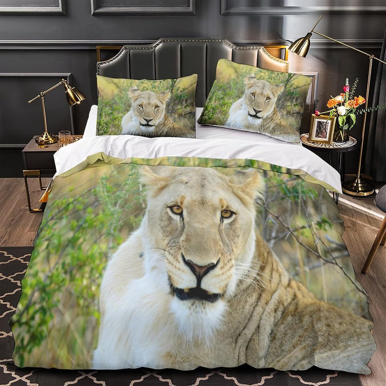 Housse de couette 200x220 lion parure de lit 2 personnes animaux sauvages avec taies d'oreiller
