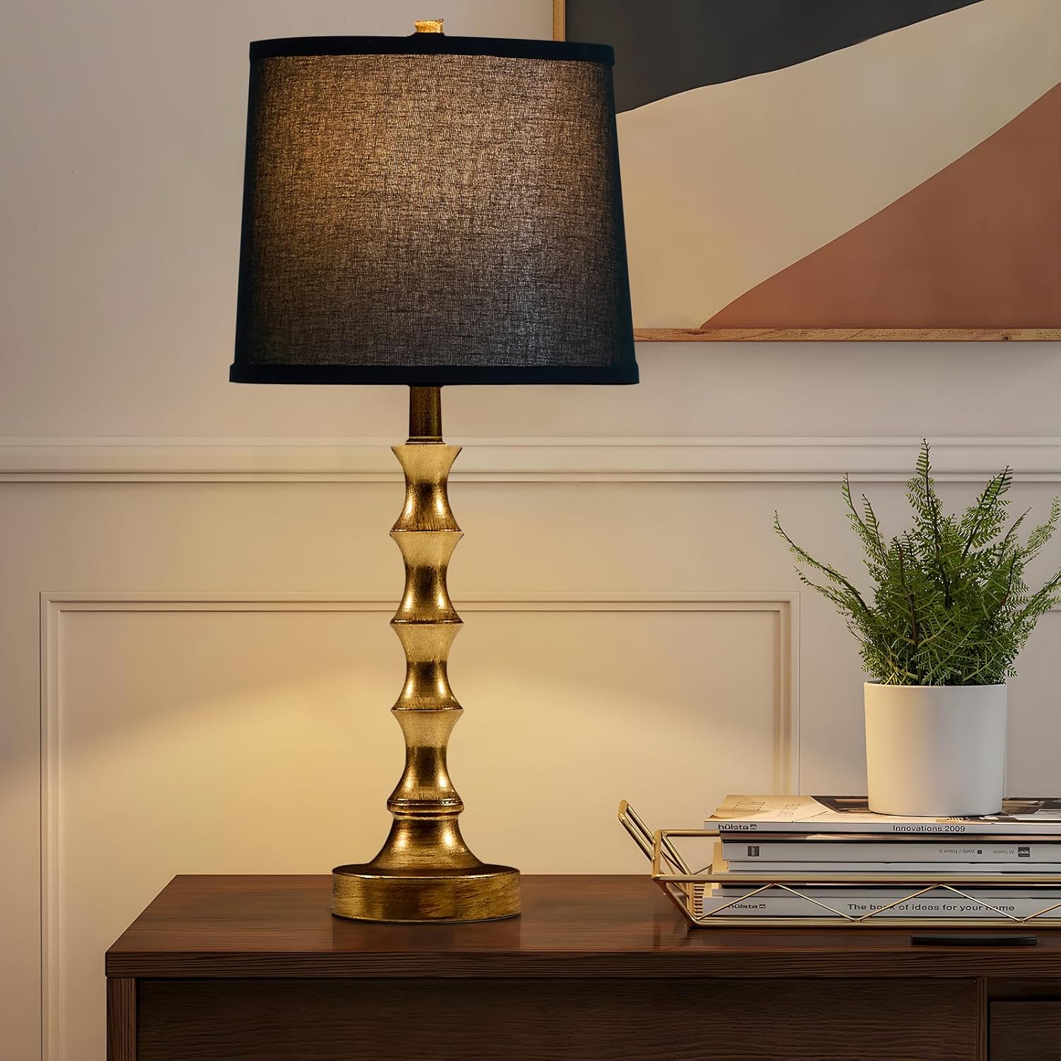 Gold Table Lamp 24" Nightstand Lamps Set of 2 Bamboo Shape Base Metal Desk Lamps with Linen Black Shade Modern Bedside Nightlight with USB A+C Ports Rustic Table Lamp for Farmhouse Dining Room