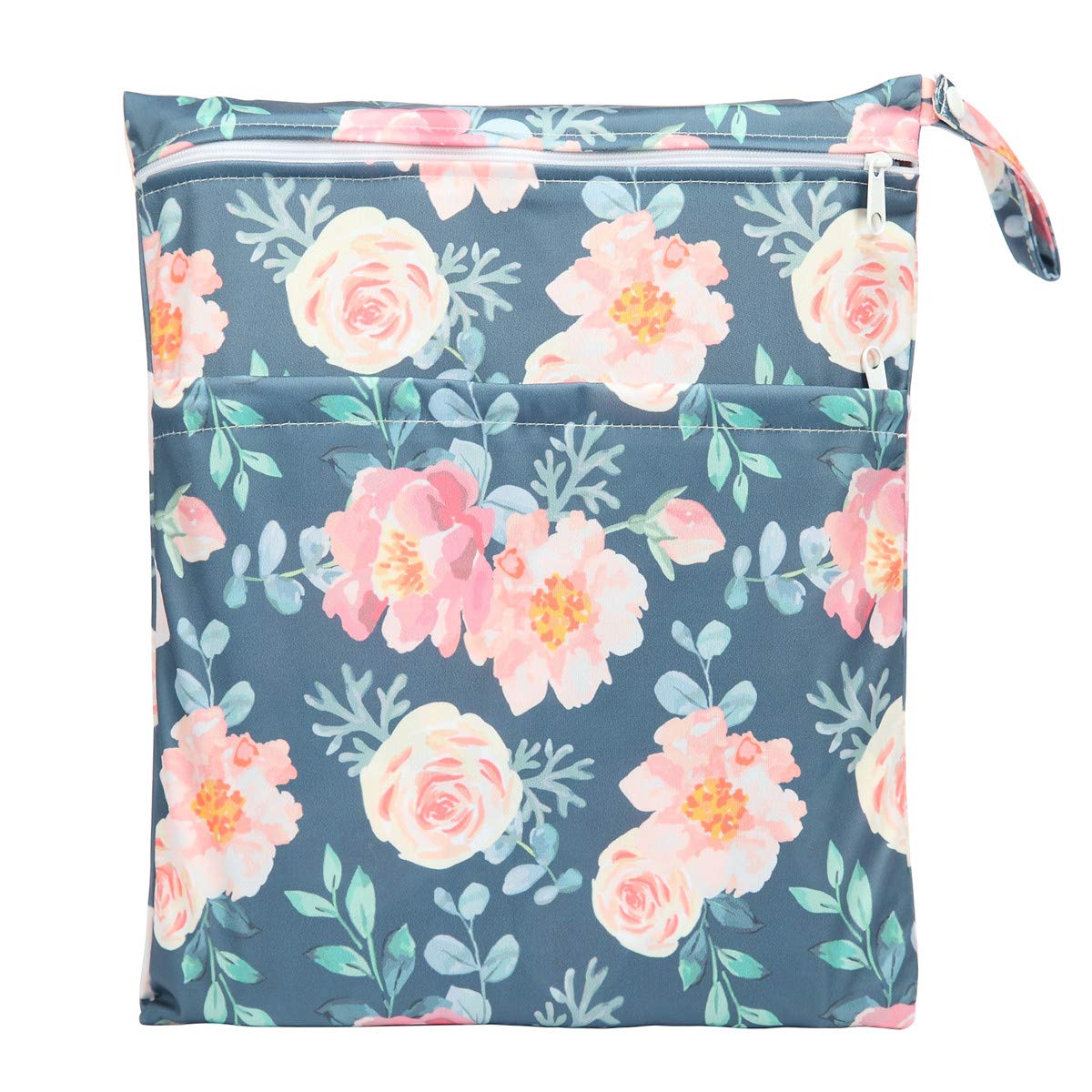 Medium Wet Dry Bag Baby Cloth Diaper Nappy Insert Bag Reusable Washable with Two Zippered Pockets for Girls (Floral)-image-48