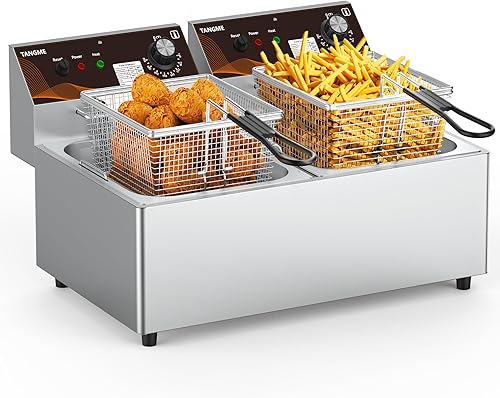Freidora Comercial Profunda con Cestas 20.7Qt Tanque Doble Freidora Eléctrica de Mostrador Mejorada Trabajo Pesado Acero Inoxidable Engrosado 1mm,