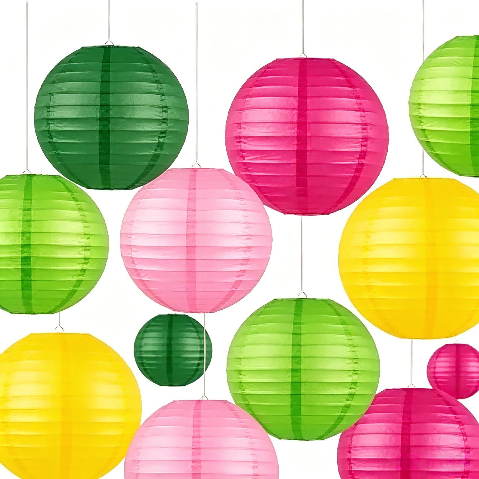 Vsosfiza Paper Lanterns, 10Pcs Hanging Lantern Decorations, Green Magenta Pink & Yellow Round Paper Lanterns for Garden Party, Birthday & Classroom Decor