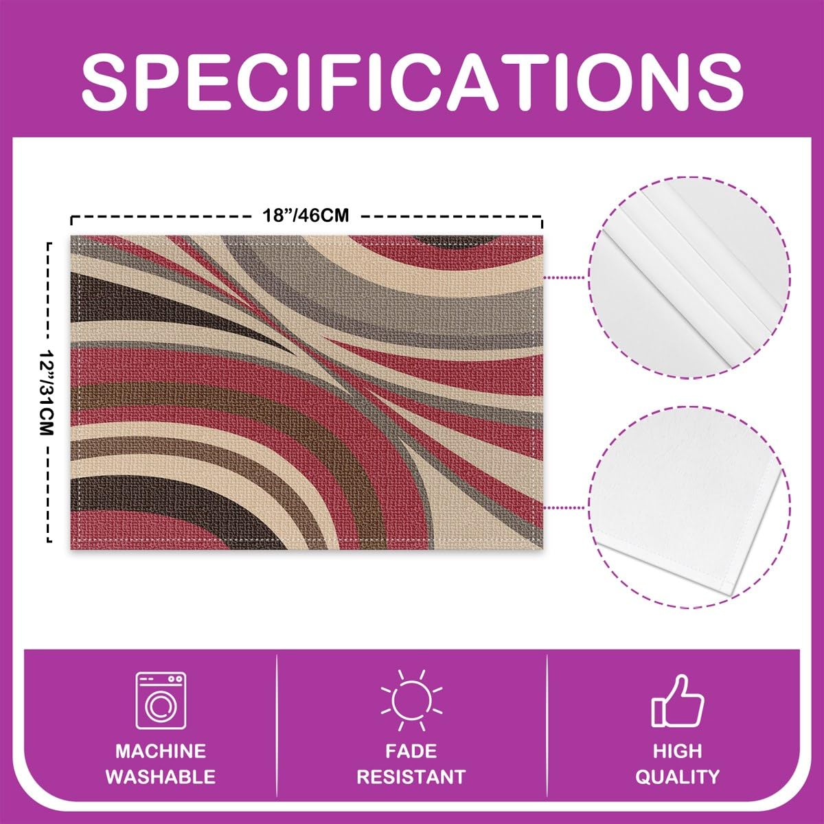 Burgundy Red Brown Stripe Line Placemats Set of 4 45X30cm Geometric Placemat for Kitchen Dining Table Decor Indoor Outdoor Table Place Mats Abstract - Image 4