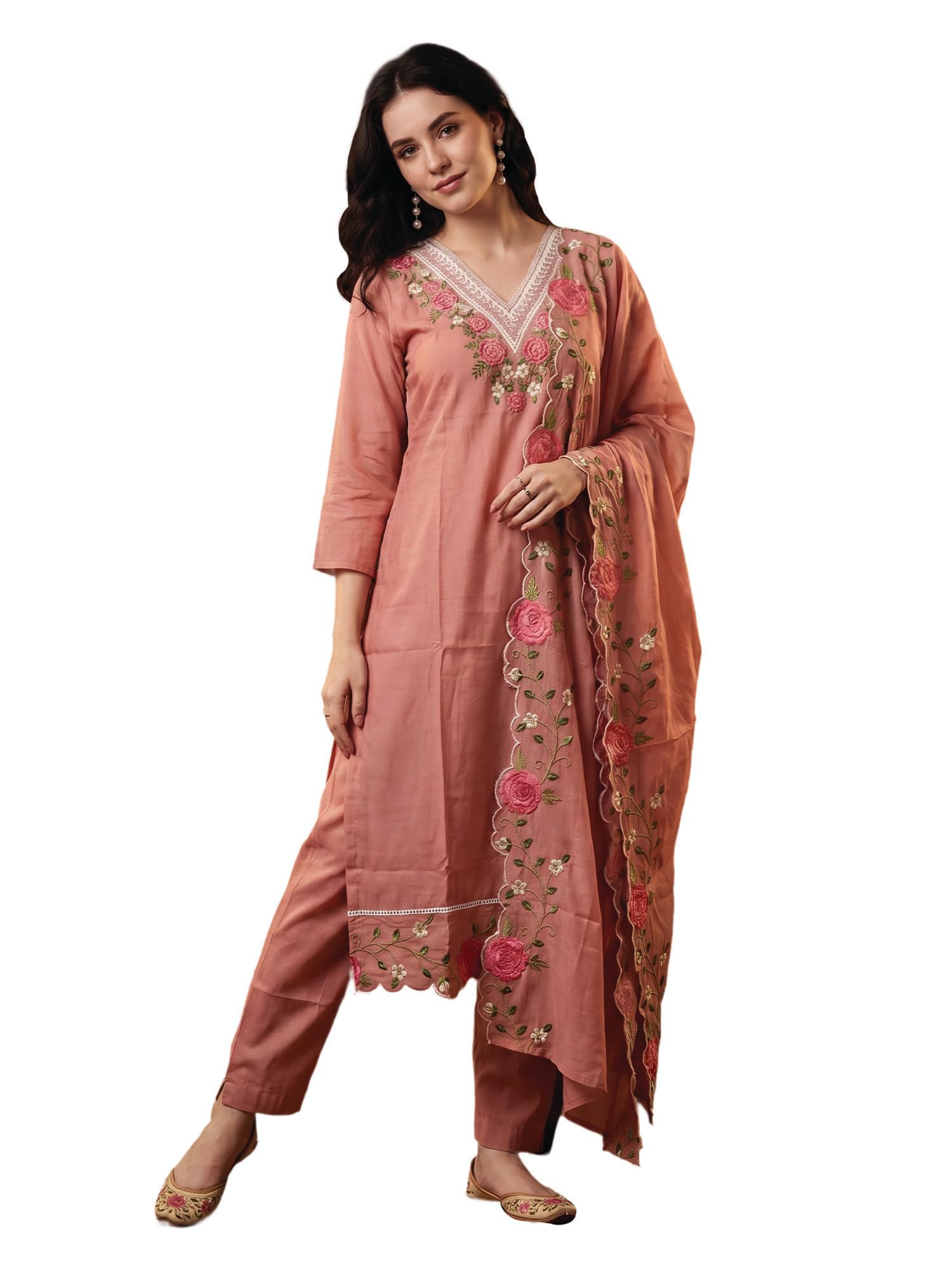 indo era Women's Silk Blend Floral Embroidered Thread Work Kurta & Pant with Dupatta Set-picture-22