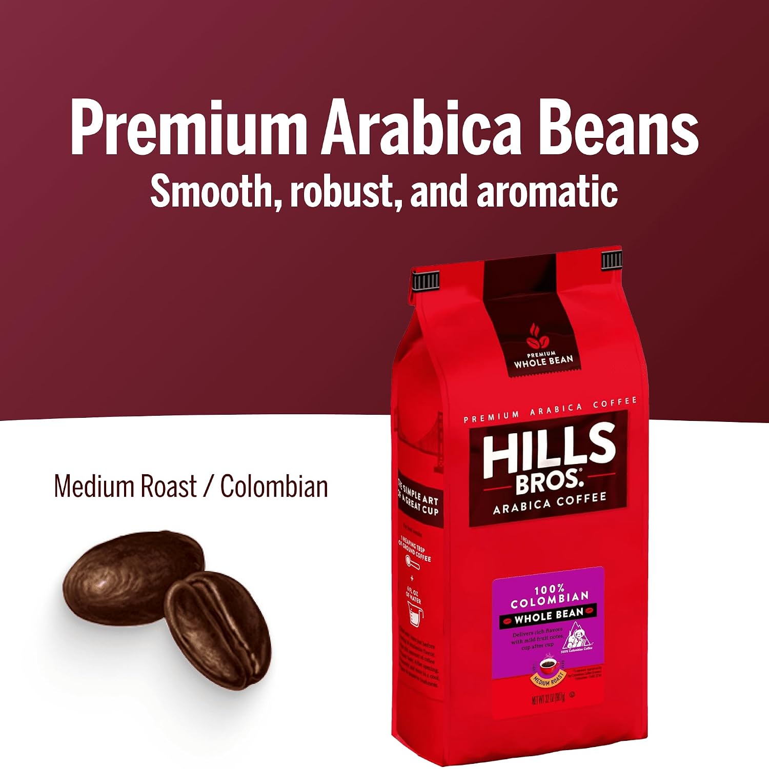 Hills Bros. Colombian Whole Bean Coffee – Rich and Bold Premium Arabica Coffee Beans – Orthodox Union Kosher – Medium Roast, Fresh Grind for Best Aroma & Taste – Colombian, 1 Pack of 32oz