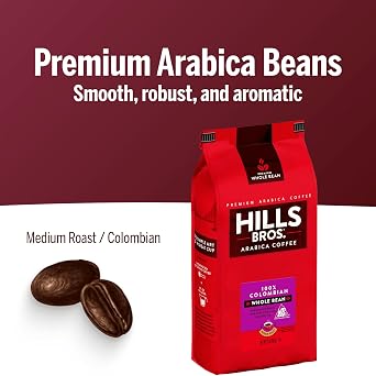 Hills Bros. Colombian Whole Bean Coffee Rich and Bold Premium Arabica Coffee Beans Orthodox Union Kosher Medium Roast, Fresh Grind for Best Aroma & Taste Colombian, 1 Pack of 32oz