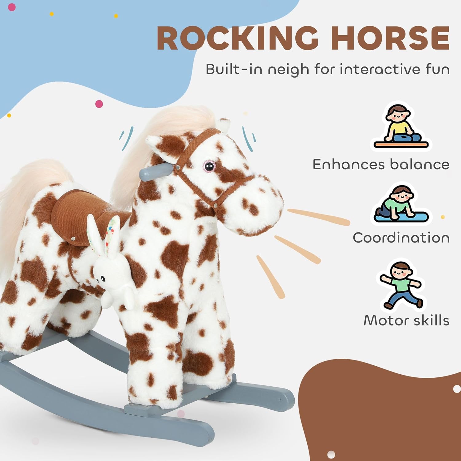 88lb-Support Rocking Horse: 28in L x 10.2in W x 21.7in H, Metal + Poplar Construction, Squeeze-Ear Neigh Feature, Soft Plush Body, Brown & White, ASTM/CPSIA, Ages 1+