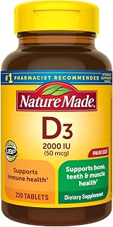 Nature Made Vitamin D3, 220 Tablets, Vitamin D 2000 IU (50 mcg) Helps Support Immune Health, Strong Bones and Teeth, & Muscle Function, 250% of Daily Value for Vitamin D in One Daily Tablet