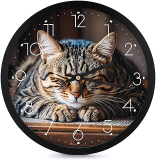 10 Inch Silent Wall Clock Round Modern Decorative Clocks - Battery Operated, Cat Sleeping Wall Clock for Office, Bedroom, Living Room, White-Style