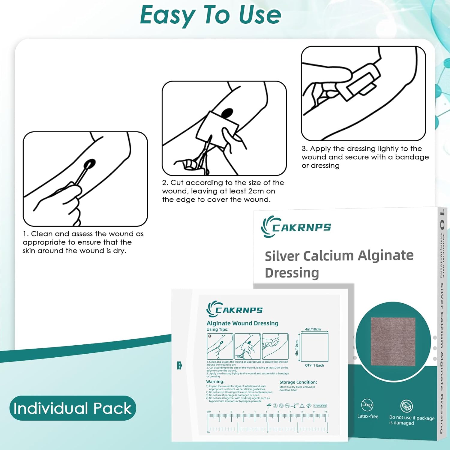 Silver Calcium Alginate Wound Dressing 4"x4" - Sterile Highly Absorbent Pads with Silver, Non-Stick Alginate Gauze for Wounds Care, Painless Removal, 10 Pack Individually Wrapped Dressings