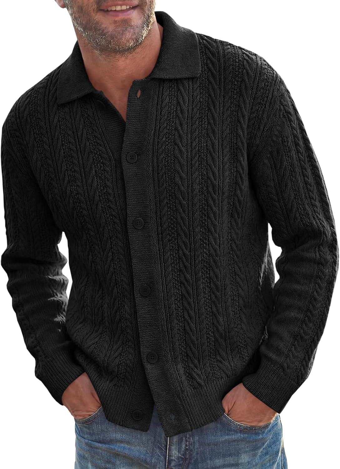 Runcati Mens Cable Knit Cardigan Sweater Button Down Casual Polo Sweaters