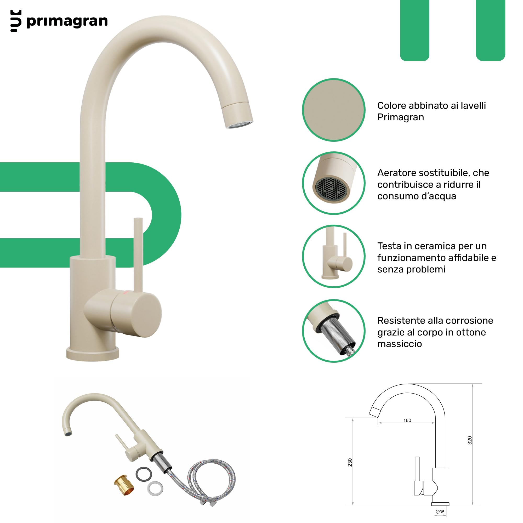 PRIMAGRAN Lavandino da Cucina Beige - Riga, 28x50cm | Lavello in Granito a 1 Vasca + Rubinetto 32x20cm + Set di accessori, Lavabo da Cucina Incasso al Mobile 30cm (S017)